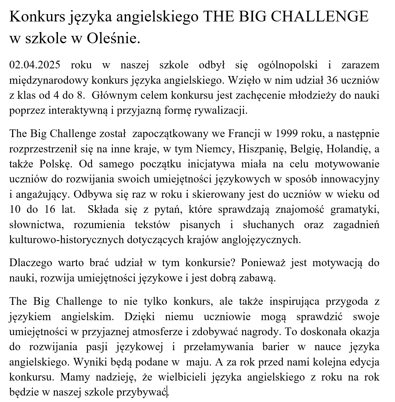 Konkurs języka angielskiego THE BIG CHALLENGE w szkole w Oleśnie.
