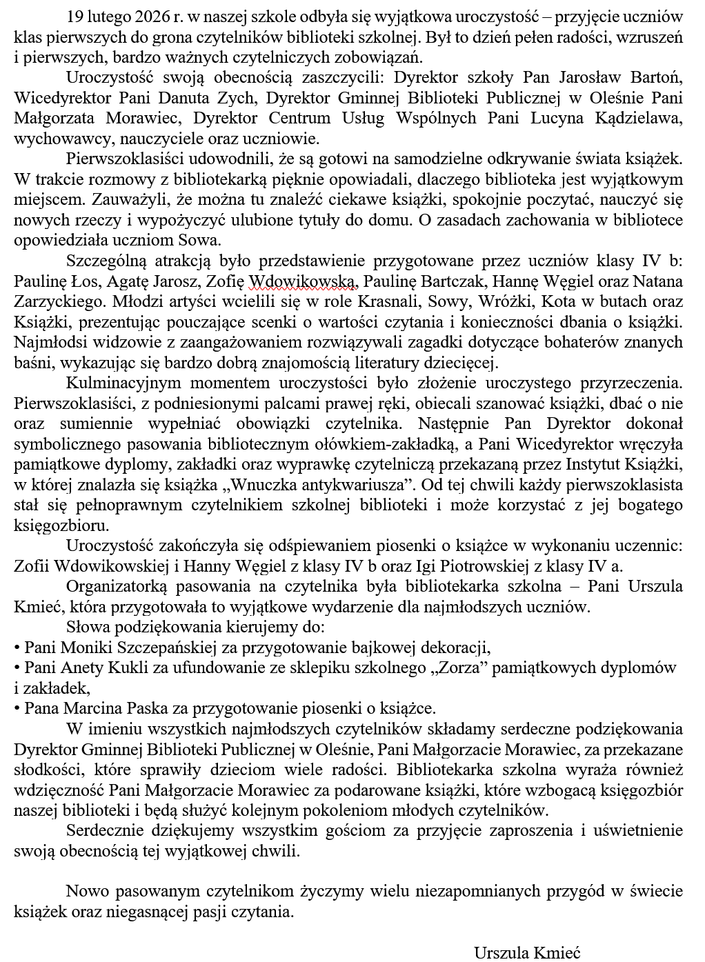 Pasowanie na czytelników w Szkole Podstawowej w Oleśnie