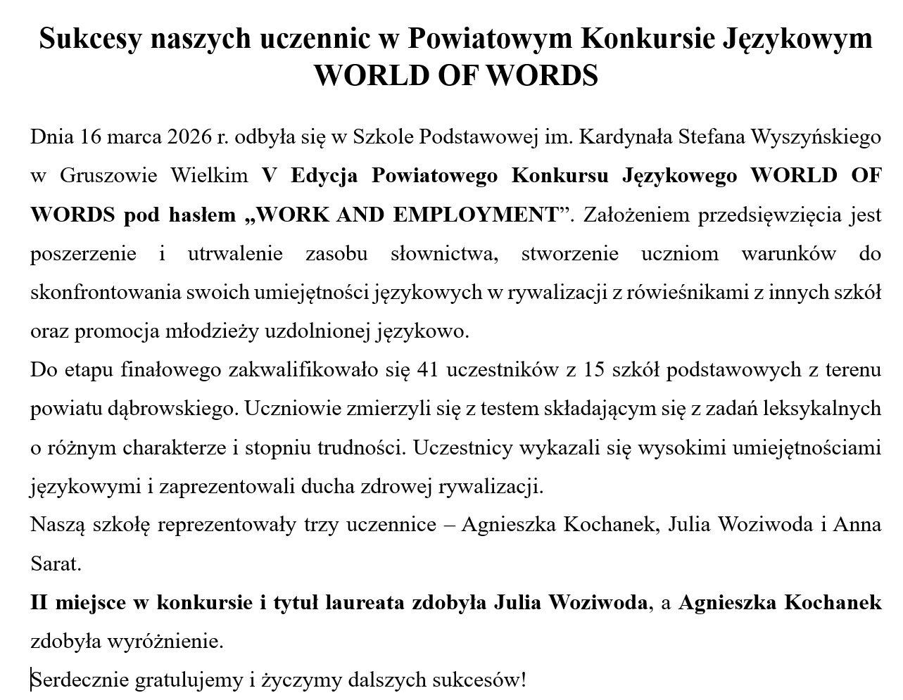 Sukces w powiatowym konkursie z j. angielskiego