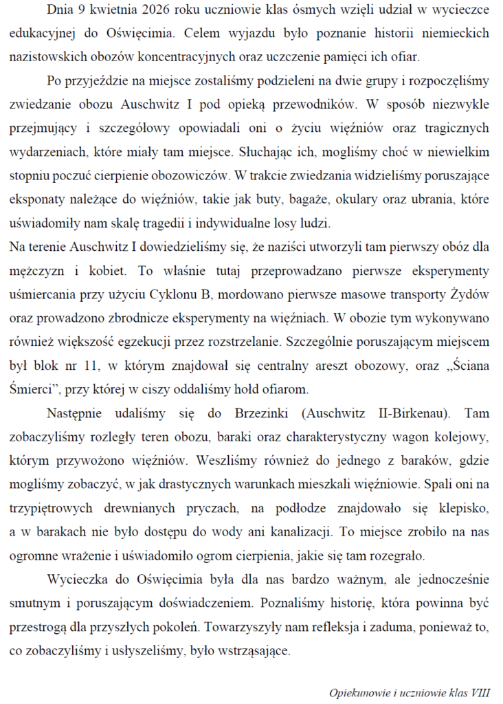Wycieczka klas ósmych do Oświęcimia