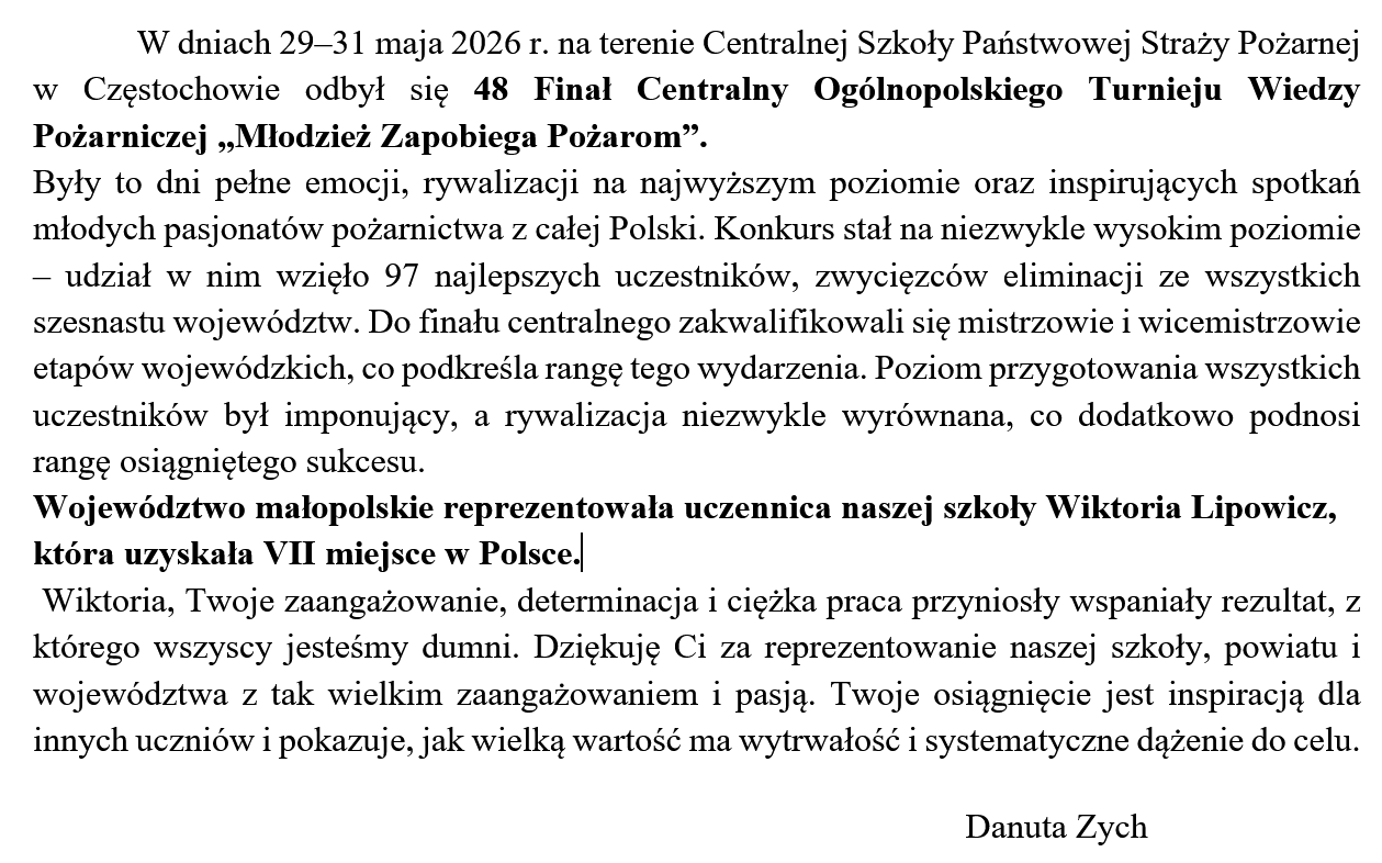 Gratulacje dla Wiktorii za VII miejsce w Polsce w ogólnopolskim konkursie strażackim OTWP