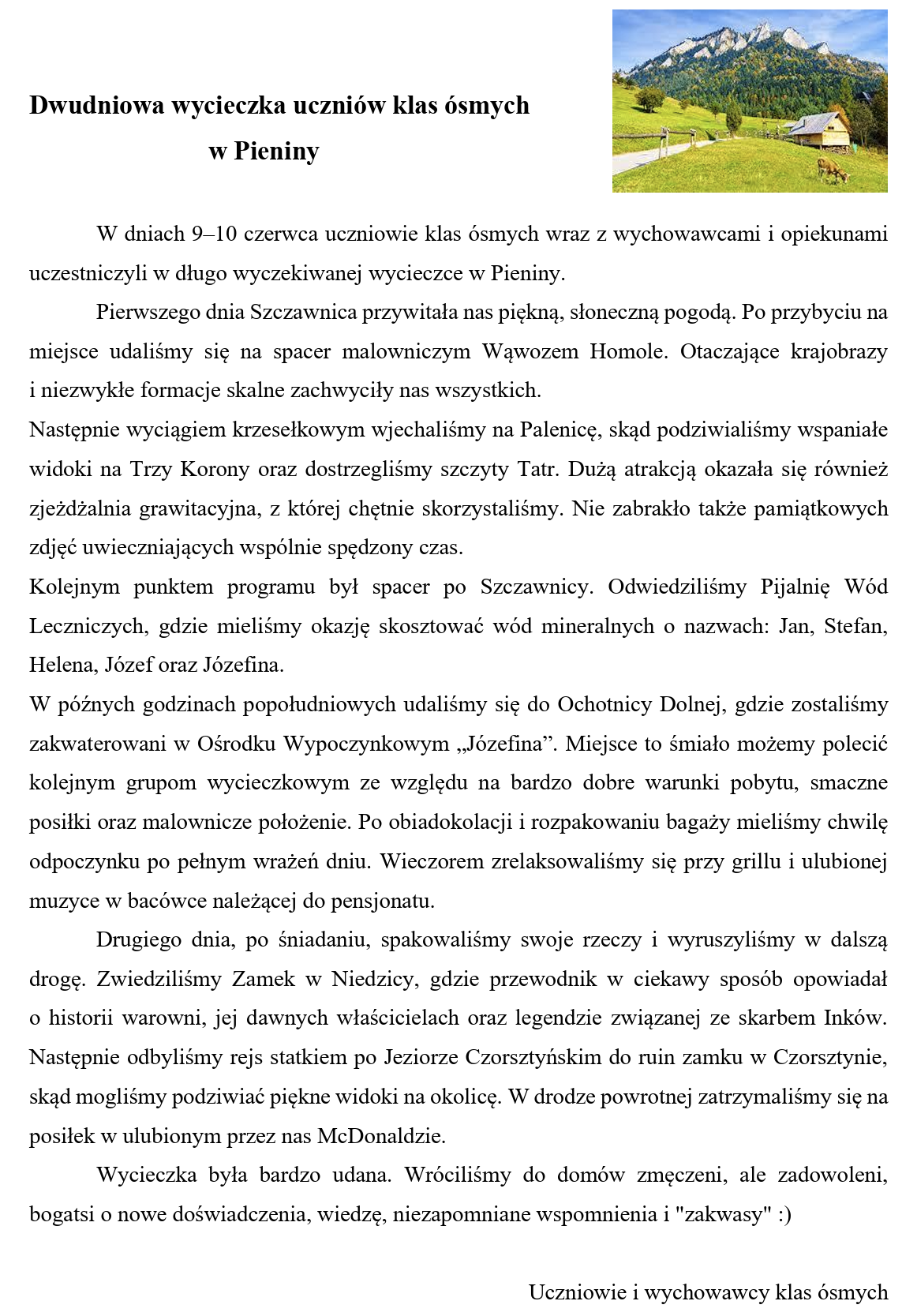 Klasy ósme w Pieninach