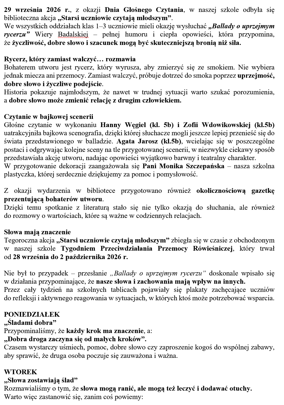 Starsi uczniowie czytają młodszym – słowa mają moc!